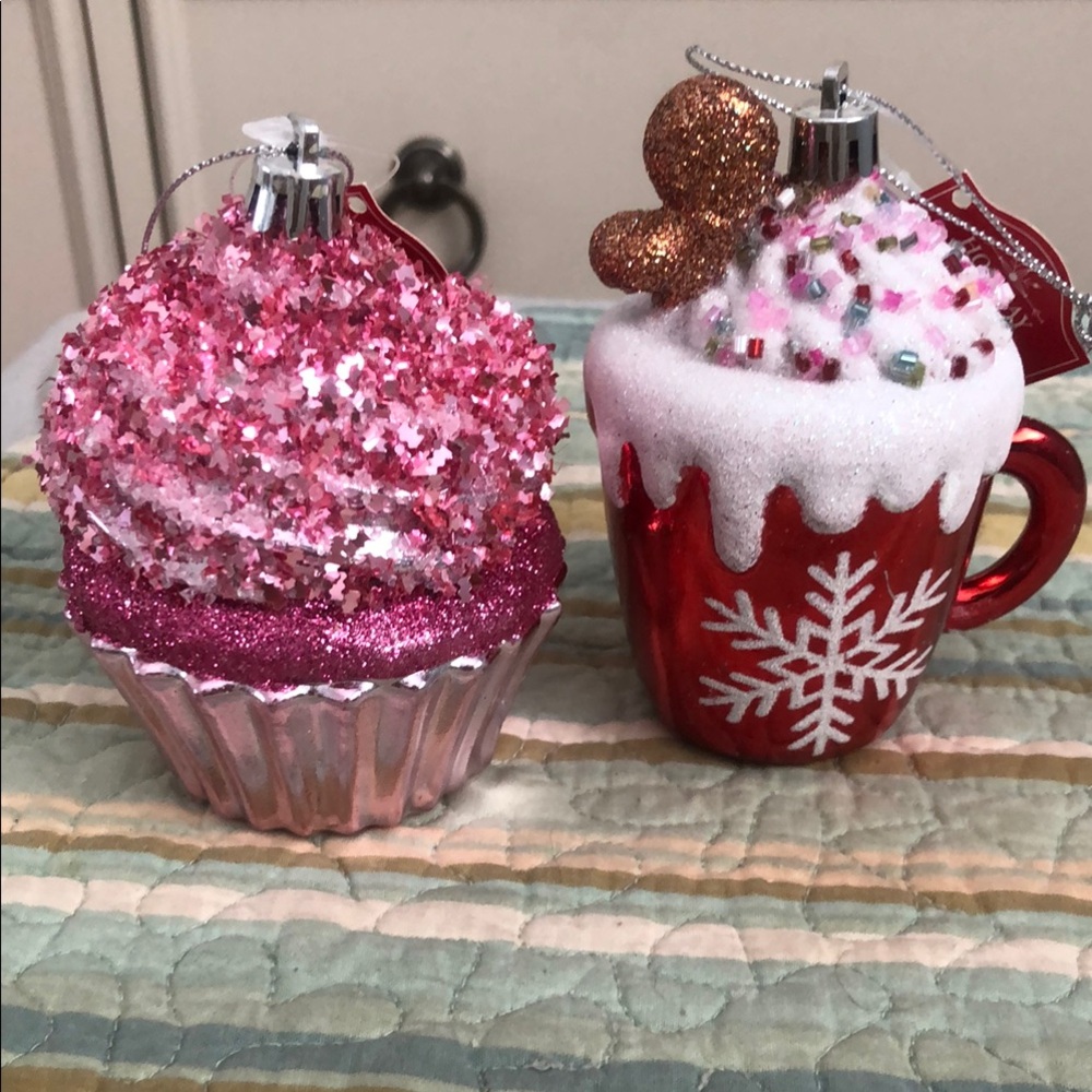 Pink Cupcake & Red Hot Chocolate Christmas Ornaments - Set of 2